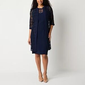 Maya Brooke Classic Navy Blue Textured Window Pane Topper Jacket Dress Set Sz 10